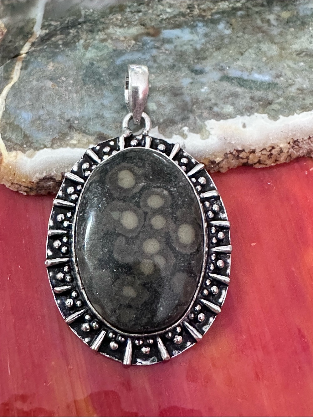 Handcrafted Artisan Jewelry Ocean Jasper Oval Pendant Necklace Earth-tone